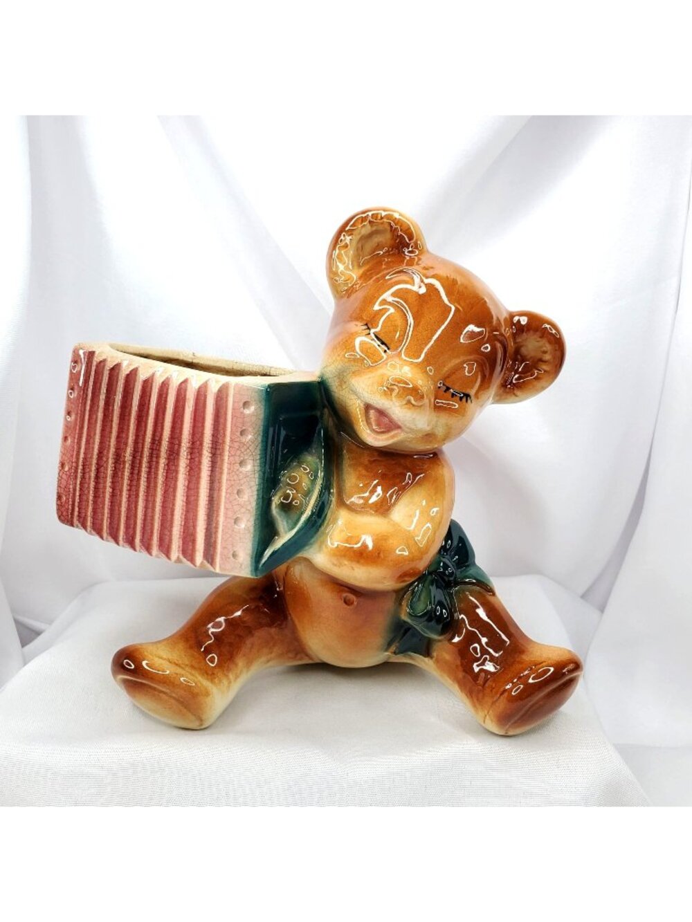 Vintage Royal Copley 7.5" Concertina Teddy Bear Planter MCM Accordion Design